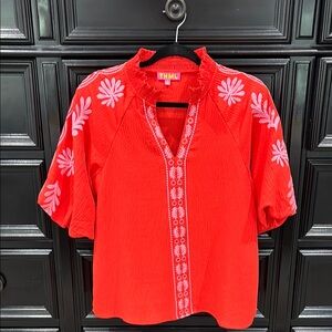 THML Coral & Pink Ruffled Short Sleeve Gauze Blouse